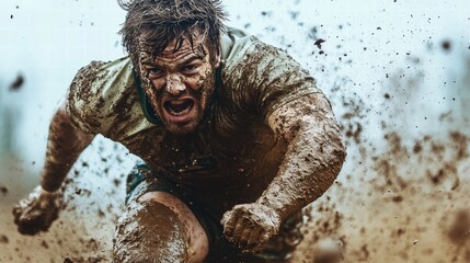 Mud Run Athlete  Extreme Obstacle Course  Determined Man