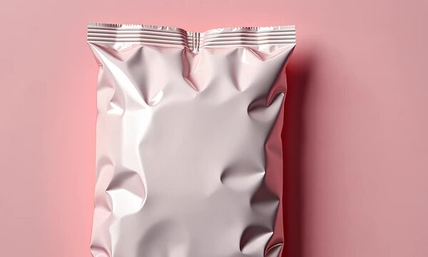 Pink Packaging Mockup: Blank Foil Pouch on Pink Background