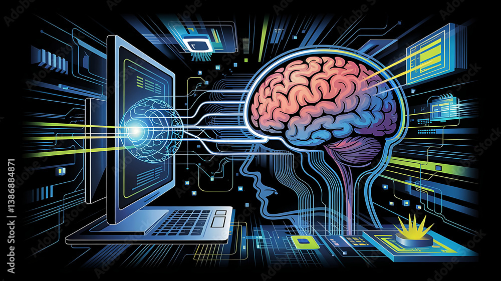 Poster computer connected to a human brain with electronic circuits and glowing lines on a black background