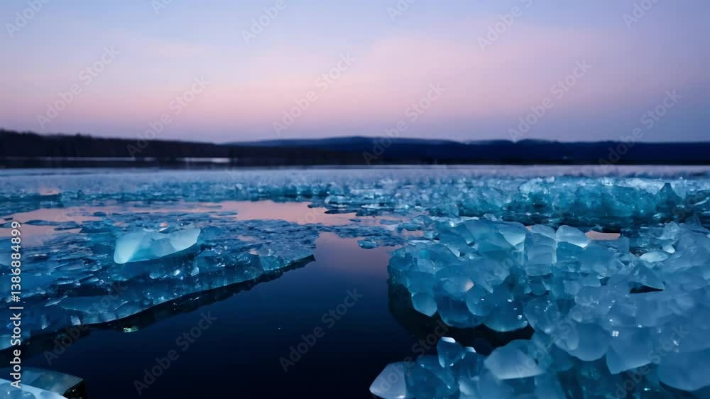 Poster gentle pan left video of translucent ice and azure streams softly merging with lens flare
