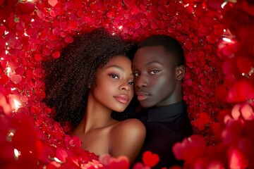 Commercial promotion creative visual design design. Sign of love and affection. Valentine's day, soulmatescouple: extraordinary striking image of loving black young lovers. Trendy love.