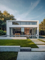 Minimalist cubic villa exterior blending modern design and nature.