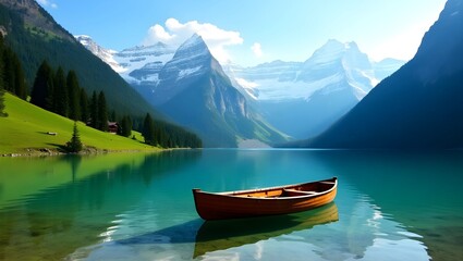 Obraz premium Tranquil Reflections: A Solitary Boat on a Mirror-like Lake