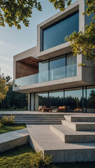 Minimalist cubic villa exterior blending modern design and nature.