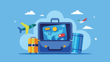 Digital Illustration of Blue Suitcase with Airplane, Passport, and Tickets. Modern travel concept with clouds on light blue background and realistic textures