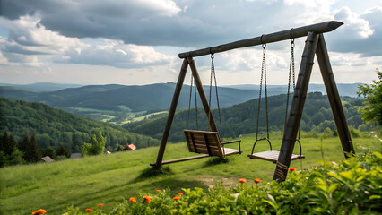Fototapeta premium Serene Mountain Swing: Peaceful Outdoor Scene with Scenic View
