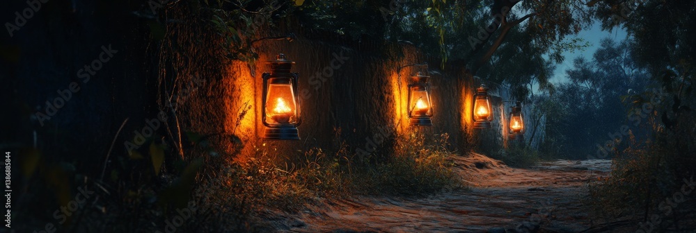 Poster lanterns illuminate a dark path through trees at night.