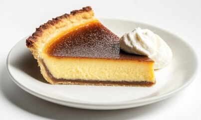 Creamy custard pie slice with whipped cream,  delicious dessert on white plate, studio shot, food blog use