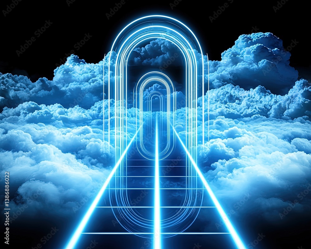 Poster futuristic pathway through digital arches surrounded by a dreamy cloudscape, offering a unique persp