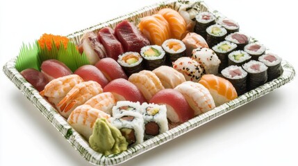 A delicious sushi platter with assorted rolls and sashimi. Featuring elegance and flavor