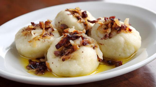 Traditional Polish Pyzy Dumplings with Meat Filling Served in Rich Bacon Sauce on a White Plate