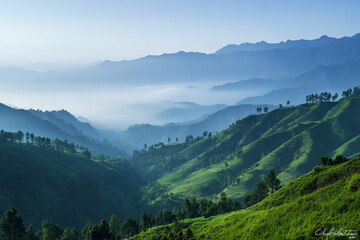 Fototapeta premium A majestic mountain range with misty valleys and lush green hills under early morning light in a serene, cinematic landscape