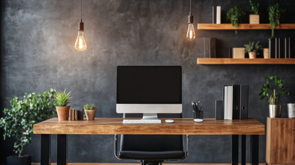 Productivity Space: Wooden Desk with Elegant Office Decor showcases a refined workspace designed for focus and inspiration. 
