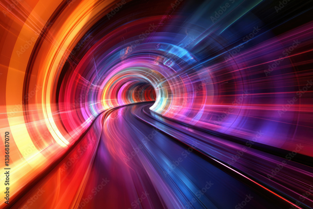 Poster abstract vibrant tunnel of light and color, depicting speed and movement.