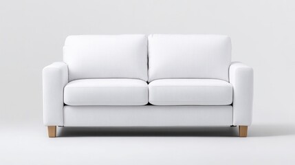 Fototapeta premium A white two-seater sofa with light wood legs is shown. It features a simple, clean design. The image is well-lit, showcasing the sofas texture. The style is minimalist and modern. The color palette