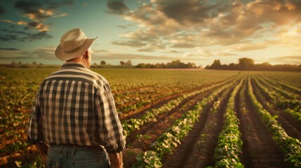 Fototapeta premium A man farmer in a plaid shirt stands in a field of green plant