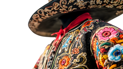 Close-Up of Embroidered Charro Jacket and Sombrero: Intricate Detail of Mexican Equestrian Wear.
