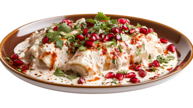 Authentic Chiles en Nogada: Poblano Peppers with Nogada, Pomegranate Seeds, and Cilantro.