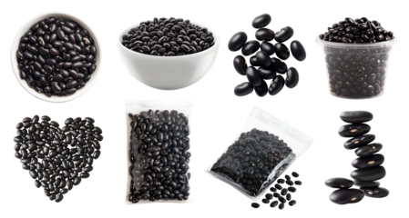 Black turtle bean, Phaseolus vulgaris legume seed plant pea vegetable, many angles view, white bowl, sealed packet pack foil, plastic cup, heart love shape, transparent cutout PNG. Mockup template