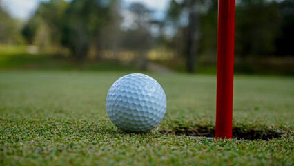 Golf ball on green grass in the evening golf course with sunshine background.