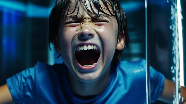 Child expressing intense emotions while submerged in water during a dramatic scene at a fictional aquatic location