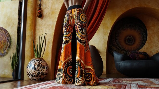 Colorful patterned pants displayed in a room with decorative elements