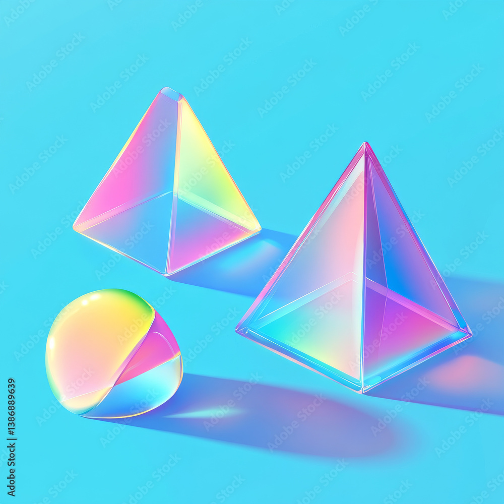 Poster set of 3d glass geometric objects isolated on background. vector realistic illustration of iridescen