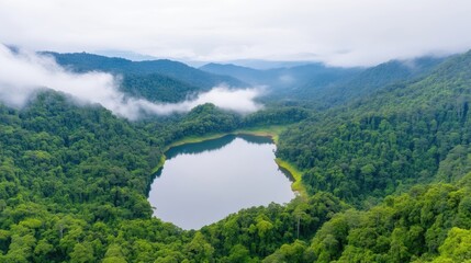 Fototapeta premium A serene heart-shaped lake nestled within a lush green mountain valley is shown. The lake reflects the sky, surrounded by dense forest. Soft, diffused light creates a peaceful mood. The image is hi
