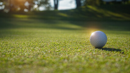 Golf ball on green grass in the evening golf course with sunshine background.