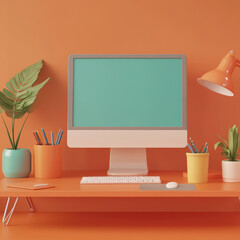 Office at home isometric landing page. Workplace with computer table, Pc monitor and litter bin, working place desk for businessman, analyst, freelancer, 3d vector illustration, web banner line art