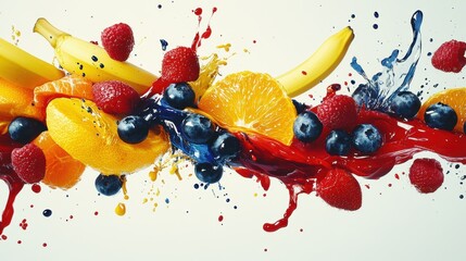 A colorful fruit splash with mixed fruits such as strawberries, blueberries, bananas, tangerines, and grapes, splashing in red, yellow, and blue, set against a white background