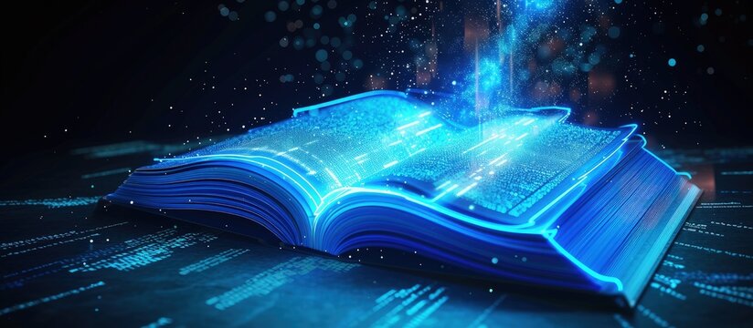 Modern futuristic open blue book for education with digital futuristic elements graphic.Generated AI