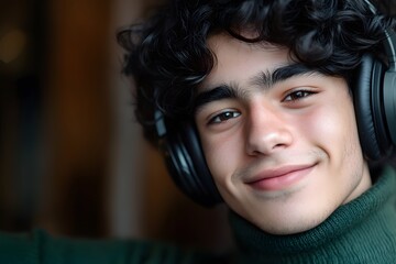 Young person with curly hair wearing headphones smiling indoors close-up portrait.