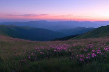 Fototapeta premium A scenic mountain landscape features wildflowers under a colorful sunset sky