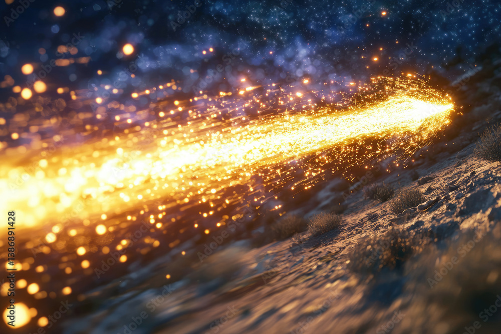 Aufkleber a blazing comet streaks across a desolate landscape under a starlit sky, leaving a trail of incandes