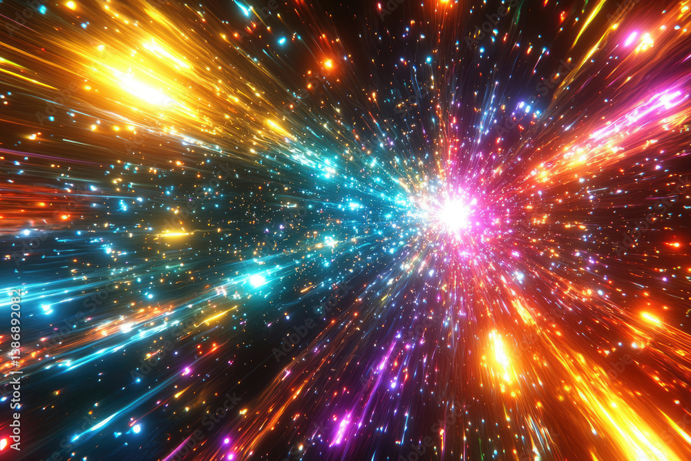 Poster vibrant cosmic explosion with colorful streaks of light and particles radiating outwards in a stunni