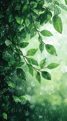 Green leaves branches and water drops in rainy and blurry nature