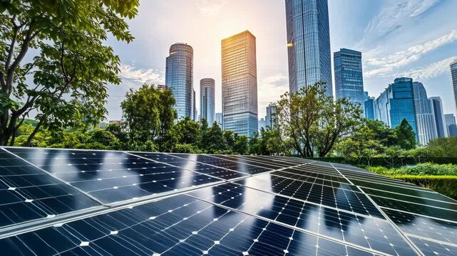 Urban solar panels amidst modern buildings and city trees