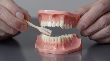 Obraz premium Hands of dentist doctor showing how to brush teeth using jaw model, cropped