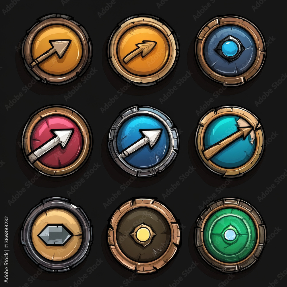 Poster stone rock ui game interface button cartoon vector. circle, arrow, loading bar, plate and progress s
