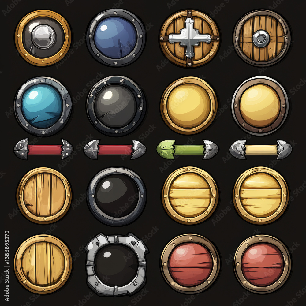 Poster stone rock ui game interface button cartoon vector. circle, arrow, loading bar, plate and progress s
