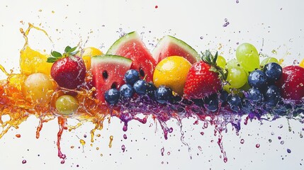 A juicy fruit splash with mixed fruits like watermelon, pineapple, strawberries, blueberries, and grapes, splashing in red, yellow, purple, and green, set against a white background
