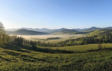 Fototapeta premium A scenic landscape of rolling hills and a valley with fog