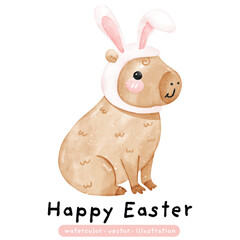Happy Easter Capybara in bunny ears. Easter watercolor. Capybara vector illustration