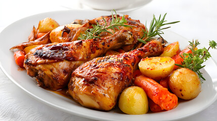 Roast Chicken with Potatoes and Vegetables Garnished with Fresh Herbs on White Plate