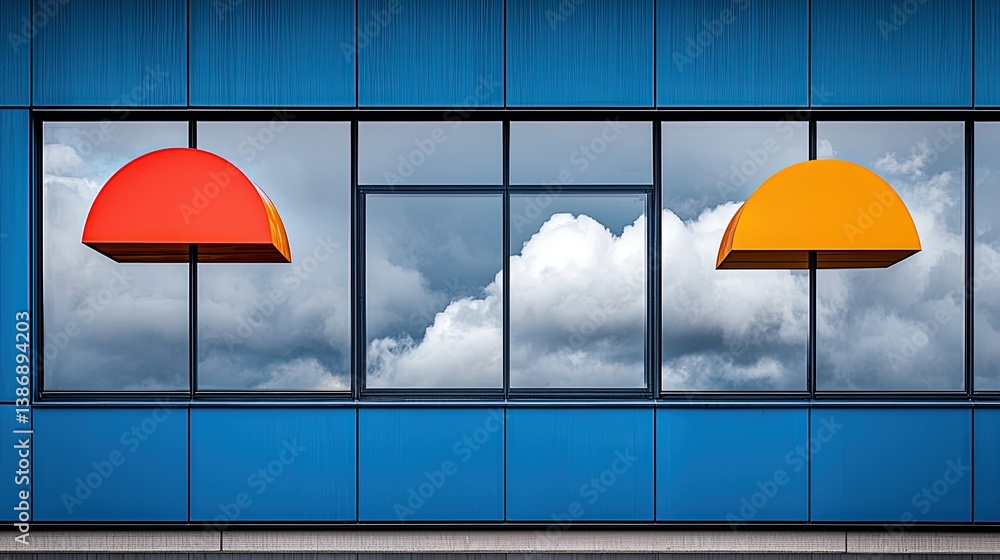 Poster modern architectural facade with colorful geometric overhangs and reflection of dramatic clouds in b