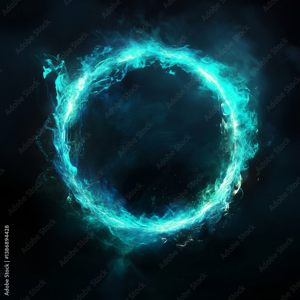 Poster neon luminous ring frame with blue and green gradient cloud or smoke and sparkle. realistic vector l