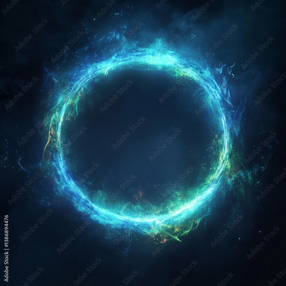 Aufkleber neon luminous ring frame with blue and green gradient cloud or smoke and sparkle. realistic vector l