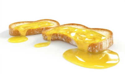 Obraz premium Honey dripping from two slices of toasted bread on white background; food photography for recipe websites