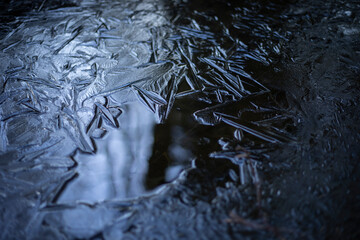 Dark ice texture. Spring melting of ice in the forest. Spring colors.